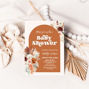 Editable Baby Shower Invitation Template, Printable, Invite, Boho Floral, Pampas, Arch, Terracotta, Rust Orange, Boy, Girl, MCP112, CJB
