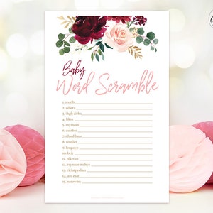 Baby Word Scramble Baby Shower Game, Printable Game, Pink Burgundy Floral, Boho, Girl Baby Shower Party Games, MCP816