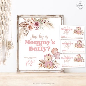 How Big is Mommy's Belly Game, Printable Baby Shower Game Sign and Cards, Boho Bear, Pampas, Pink, Beige, Tan, Girl, MCP109