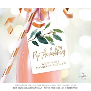 Greenery Baby Shower Champagne Tags, Printable Baby Shower Champagne Bottle Tag Template, Bubbly, Favor Tags, MCP813, MCP814, CJB
