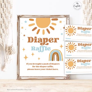 Diaper Raffle Sign and Card, Printable Diaper Raffle Cards and Sign, Sunshine, Rainbow, Retro, Sun, Blue, Boho, Boy Baby Shower, MCP101