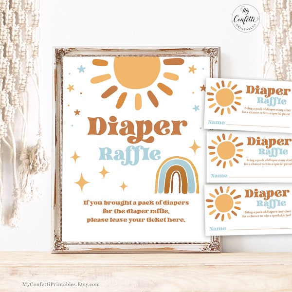 Diaper Raffle Sign and Card, Printable Diaper Raffle Cards and Sign, Sunshine, Rainbow, Retro, Sun, Blue, Boho, Boy Baby Shower, MCP101