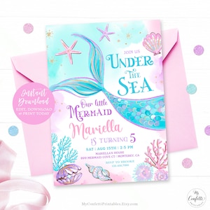 Any AGE Mermaid Birthday Invitation Template, Under the Sea, Editable, Printable, Invite, Girl, Party, Five, 5th, Tail, Little, MCP106, CJB