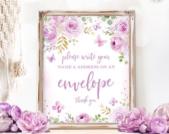 Please Write Your Address on Envelope Sign, Printable Addressee Sign, Lavender, Lilac, Butterflies, Floral, Boho, Girl Baby Shower, MCP104