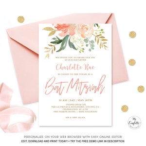 EDITABLE Peach Floral Bat Mitzvah Invitation, Printable Bat Mitzvah Birthday Invitation Template, Editable, Peach Blush, MCP812, CJB