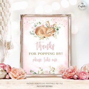 Thanks for Popping By Sign, Printable Popcorn Favors Sign, Baby Deer, Girl Baby Shower, Pink, MCP838