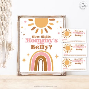 How Big is Mommy's Belly Sign and Card, Printable Game Cards and Sign, Sunshine, Rainbow, Retro, Sun, Pink, Boho, Girl Baby Shower, MCP107