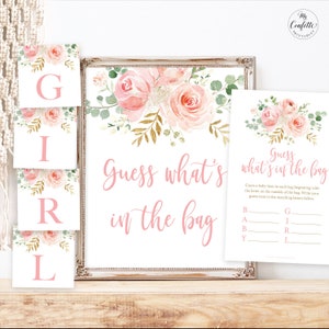 Guess What&#39;s in the Bag Baby Shower Game, Printable Baby Shower Game Sign and Cards, Girl, Boho, Blush Pink Floral, Baby Girl, MCP820