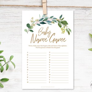 Greenery Baby Shower Game, Printable Baby Name Game, Rustic, Woodland, Greenery Baby Shower Party Games, Green, Boho, Gold, MCP813, MCP814