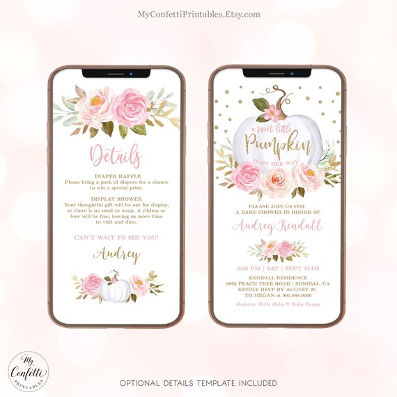 Digital Baby Shower Invitation Girl, A Sweet Little Pumpkin is on Her Way, Editable, Textable Invitation Template, Fall, Pink, MCP826, CJB
