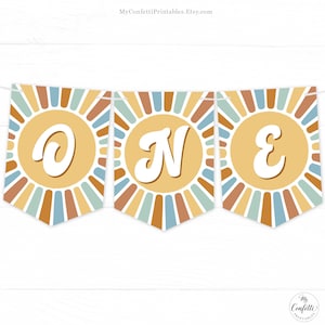 Printable ONE Banner, Retro Sun One Banner, First Birthday High Chair Banner, 70&#39;s Sunshine, MCP85