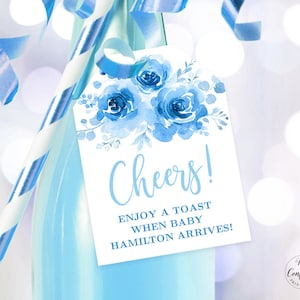 Blue Floral Baby Shower Wine or Champagne Tag Template, Printable Baby Shower Favor Tags, Bubbly, Boy, Cheers, MCP93, CJB