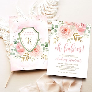 Blush Pink Floral Twins Baby Shower Invitation, EDITABLE, Printable Girl Baby Shower Invitation Template, Pink, Oh Babies, MCP820, CJB