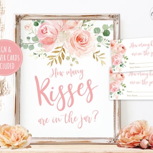 Baby Shower Game Sign and Answer Cards, How many kisses are in the Jar Printable Baby Shower Game, Blush Pink Floral, MCP820 image 1