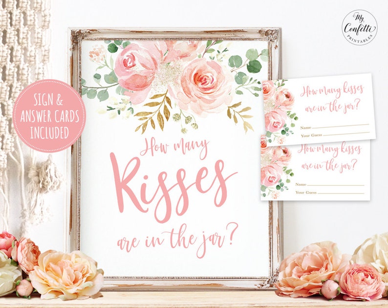 Baby Shower Game Sign and Answer Cards, How many kisses are in the Jar Printable Baby Shower Game, Blush Pink Floral, MCP820 image 1