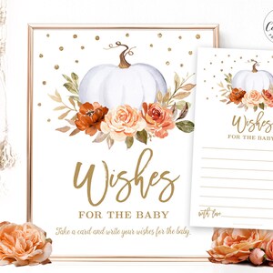 Wishes for Baby Sign and Note Cards, Printable Baby Shower Wishes for the Baby Sign and Cards, Pumpkin, Fall, Autumn, MCP92