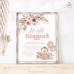 Late Night Diapers Sign, Printable Baby Shower Game Sign, Boho, Teddy Bear, Pampas, Pink, Beige, Girl Baby Shower, Baby Sprinkle, MCP109