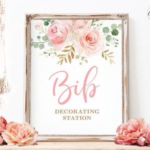 Bib Decorating Station Sign, Printable Baby Shower Decorate A Bib Sign, Blush Pink Floral, Pink, Boho, Girl, MCP820