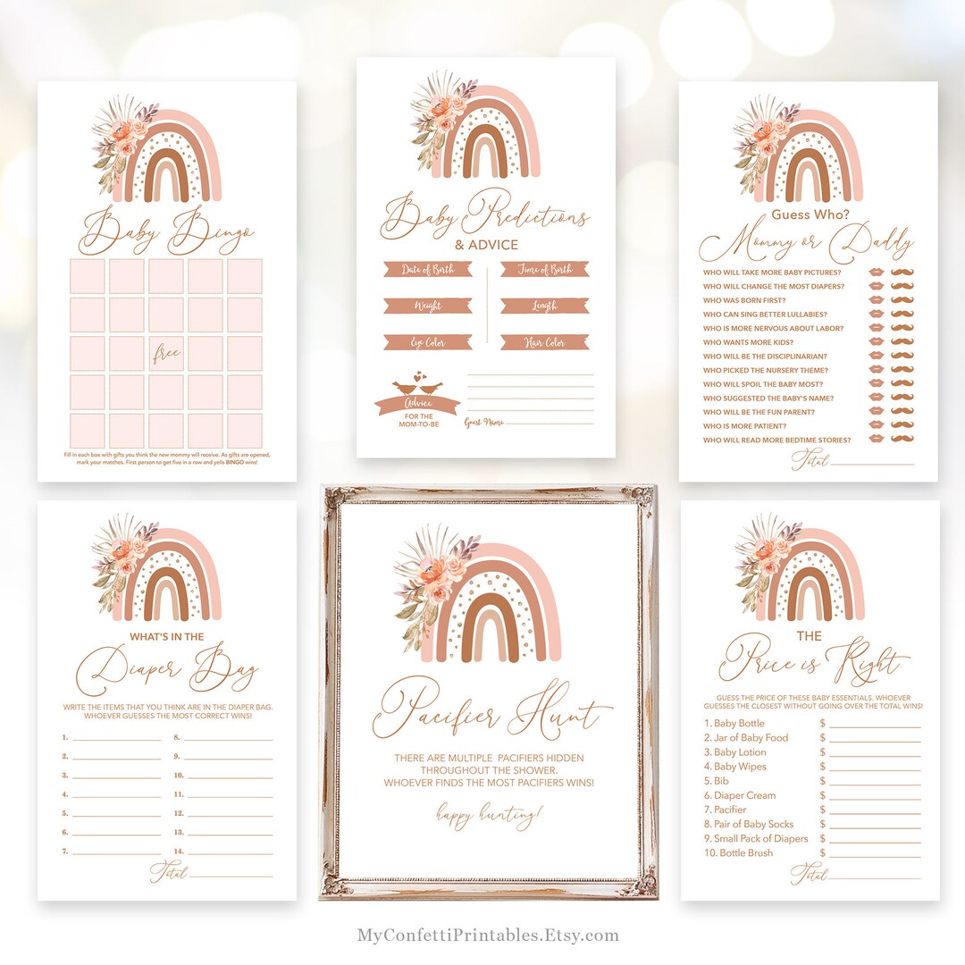 Printable Baby Shower Game Bundle, Pink Boho Rainbow, Six Games ...