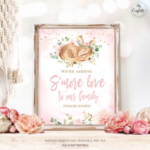S&#39;more Love Sign, We&#39;re adding S&#39;more Love to our Family, Printable S&#39;mores Sign, Girl Baby Shower, Baby Deer, Pink, Blush, MCP838