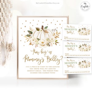 How Big is Mommy's Belly Game Sign and Cards, Printable Baby Shower Game, White Pumpkin, Fall, Autumn, Farmhouse, Girl or Boy, MCP110