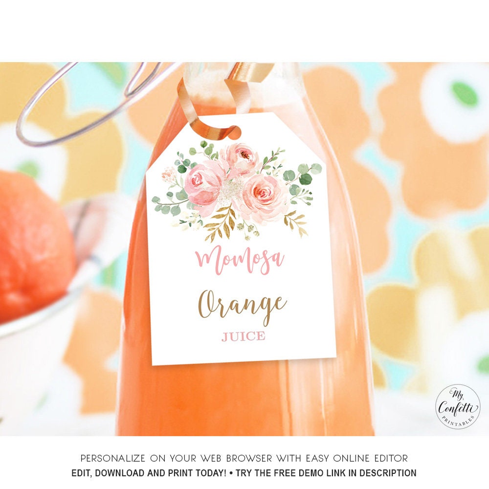 Editable Momosa Juice Tags, Blush Pink Floral Baby Shower Mimosa