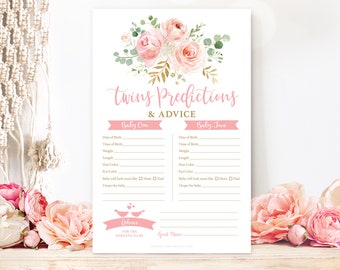 TWINS Predictions & Advice Game, Printable Baby Shower Game, Pink Blush Floral, Gold, Twin Girls Baby Shower Party Games, MCP820
