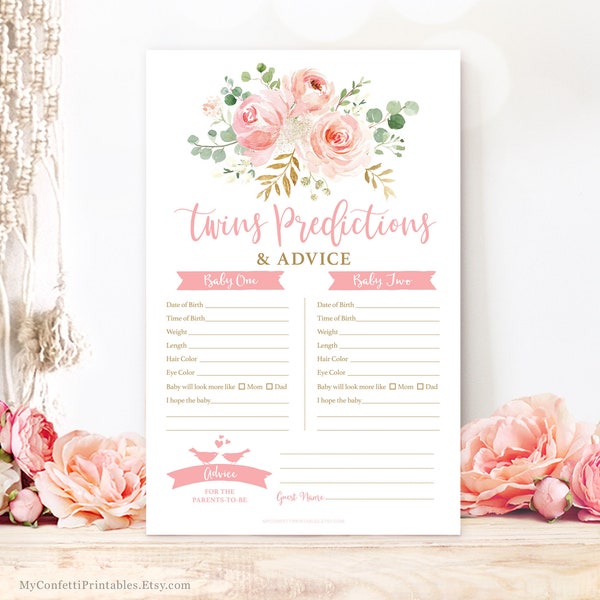 TWINS Predictions & Advice Game, Printable Baby Shower Game, Pink Blush Floral, Gold, Twin Girls Baby Shower Party Games, MCP820