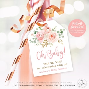 Oh Baby! Favor Tags, Printable Baby Shower Favor Tag Template, Wine or Champagne Gift Tag, Girl, Blush Pink Floral, MCP820, CJB