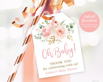Oh Baby! Favor Tags, Printable Baby Shower Favor Tag Template, Wine or Champagne Gift Tag, Girl, Blush Pink Floral, MCP820, CJB