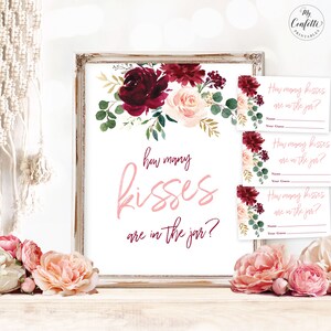 How Many Kisses are in the Jar? Printable Baby Shower Game Sign and Answer Cards, Pink Burgundy Floral, Boho, Blush, MCP816
