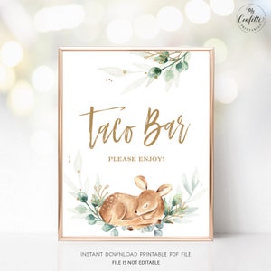 Taco Bar Sign, Printable Baby Shower Taco Bar Table Sign, Boy Baby Shower, Baby Deer, Greenery, MCP840