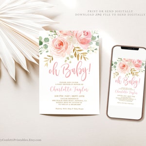 Blush Pink Floral Baby Shower Invitation, EDITABLE Invitation, Printable Baby Shower Invitation Template, Blush Pink, Oh Baby, MCP820, CJB Bild 3