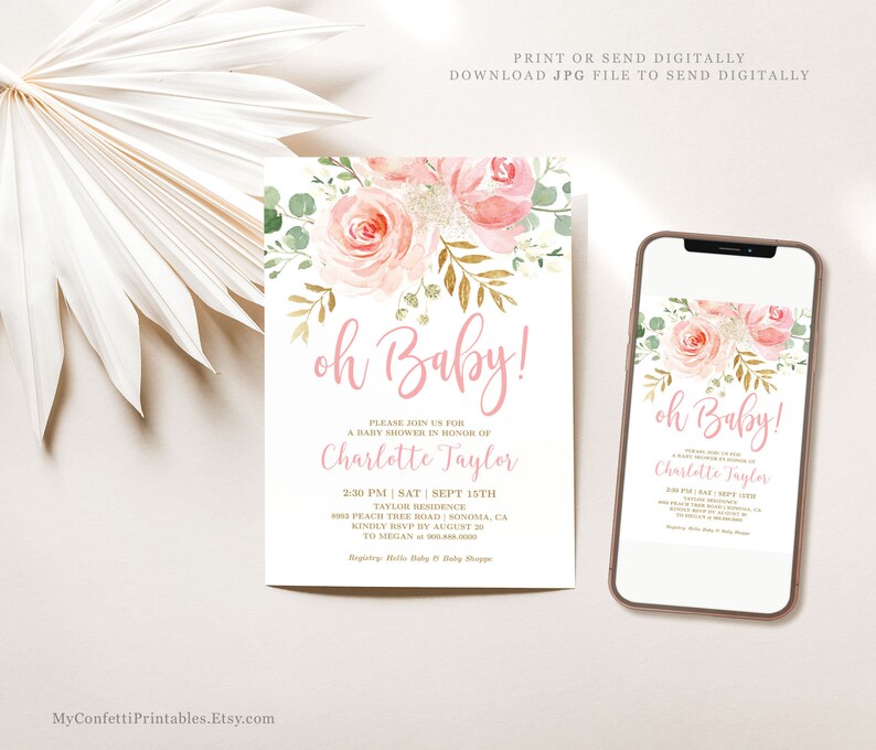 Blush Pink Floral Baby Shower Invitation, EDITABLE Invitation, Printable Baby Shower Invitation Template, Blush Pink, Oh Baby, MCP820, CJB Bild 3