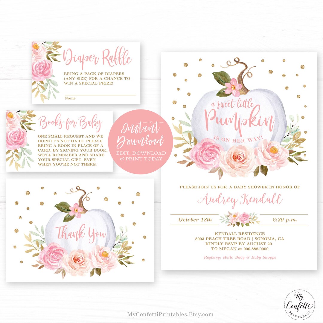 Fall Baby Shower Invitation Bundle, Girl, Editable Template, Blush ...