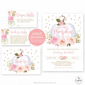 Fall Baby Shower Invitation Bundle, Girl, Editable Template, Blush, Pink, Boho, Printable, A Sweet Little Pumpkin is on Her Way, MCP826, CJB