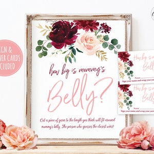 Baby Shower Game Sign and Answer Cards, How Big is Mommy's Belly?, Printable Baby Shower Game, Burgundy Pink Floral, MCP816