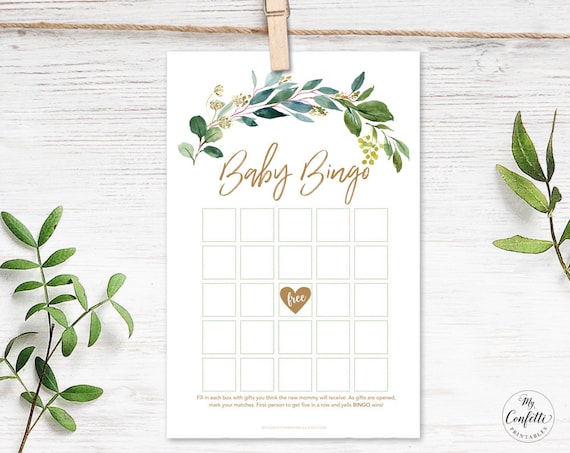 Greenery Baby Shower Game, Printable Baby Bingo Game, Rustic, Greenery, Neutral, Woodland, Boho, Green, Gold, MCP813, MCP814