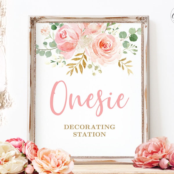 Onesie Decorating Station Sign and Please Sign the Onesie Sign, Baby Shower Blush Pink Floral, MCP820