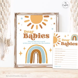 TWINS, Dear Babies Sign and Cards, Printable Cards and Sign, Sunshine, Rainbow, Retro, Sun, Blue, Boho, Boy Baby Shower, MCP101