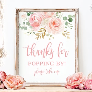 Thanks For Popping By Sign, Printable Popcorn Favors Sign, Blush Pink Floral, Boho, Girl, 8x10, MCP820, MCP821, MCP822, MCP823, MCP824