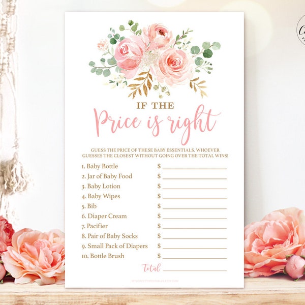 Baby Shower Game, Printable If The Price is Right Game, Blush Pink Floral, Gold, Girl Baby Shower Party Games, The Price is Right, MCP820