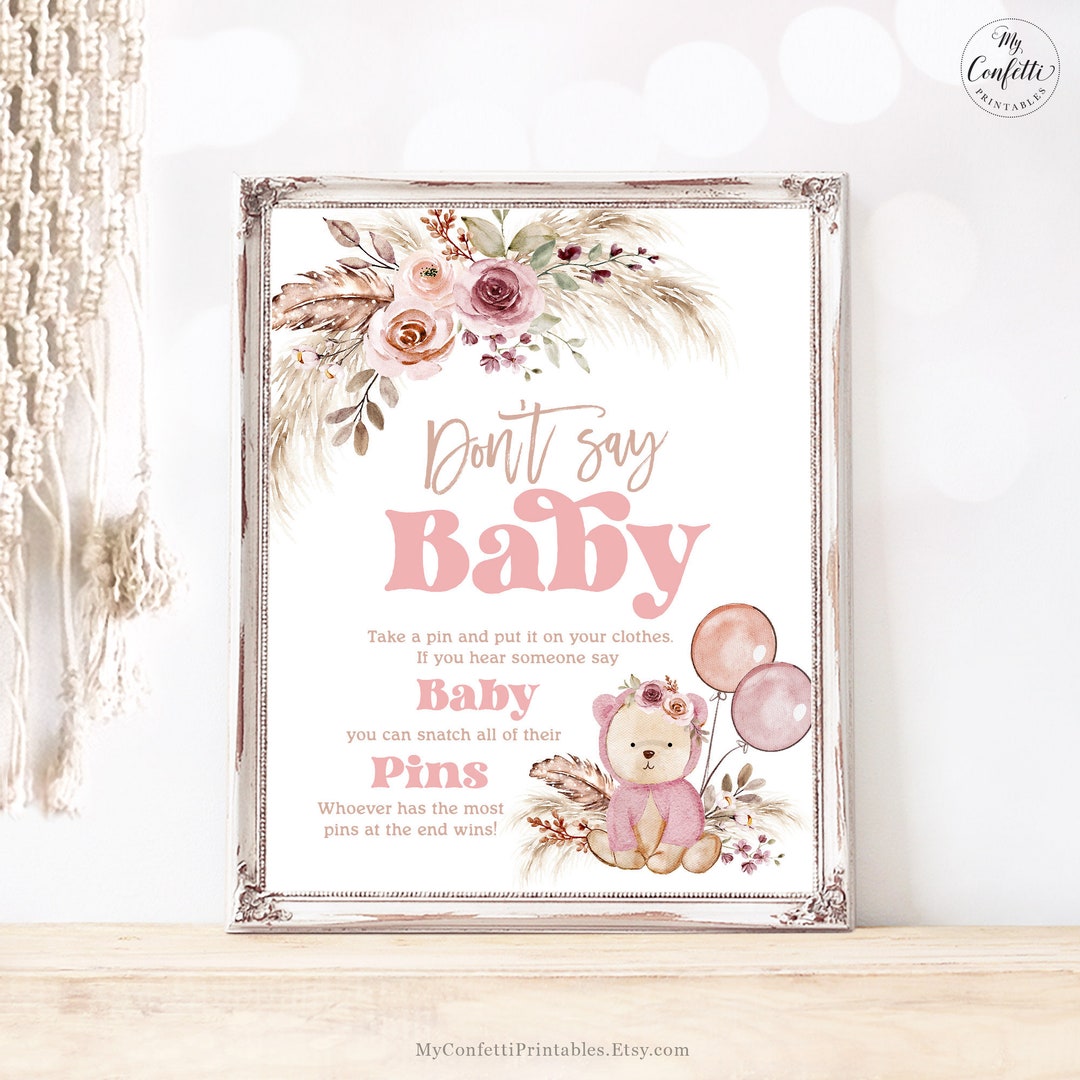 Don't Say Baby Sign, Printable Baby Shower Game Sign, Boho, Teddy Bear ...