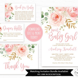 Op de afbeelding: Roze en gouden babyborrel uitnodiging met een bloemenontwerp. De uitnodiging zegt "Sweet Baby Girl" en bevat de details voor de babyborrel, inclusief de datum, tijd, locatie en RSVP-informatie.