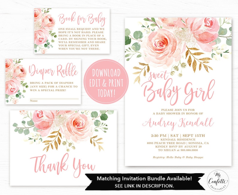 Op de afbeelding: Roze en gouden babyborrel uitnodiging met een bloemenontwerp. De uitnodiging zegt "Sweet Baby Girl" en bevat de details voor de babyborrel, inclusief de datum, tijd, locatie en RSVP-informatie.