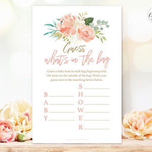 Baby Shower Game, Guess what&#39;s in the Bag, Peach Blush Floral, Gold, Girl Baby Shower Party Games, MCP808