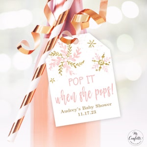 Pop It when She Pops! Snowflake Baby Shower Champagne Tags, Printable Champagne Bottle Tag Template, Girl Baby Shower, MCP842, CJB