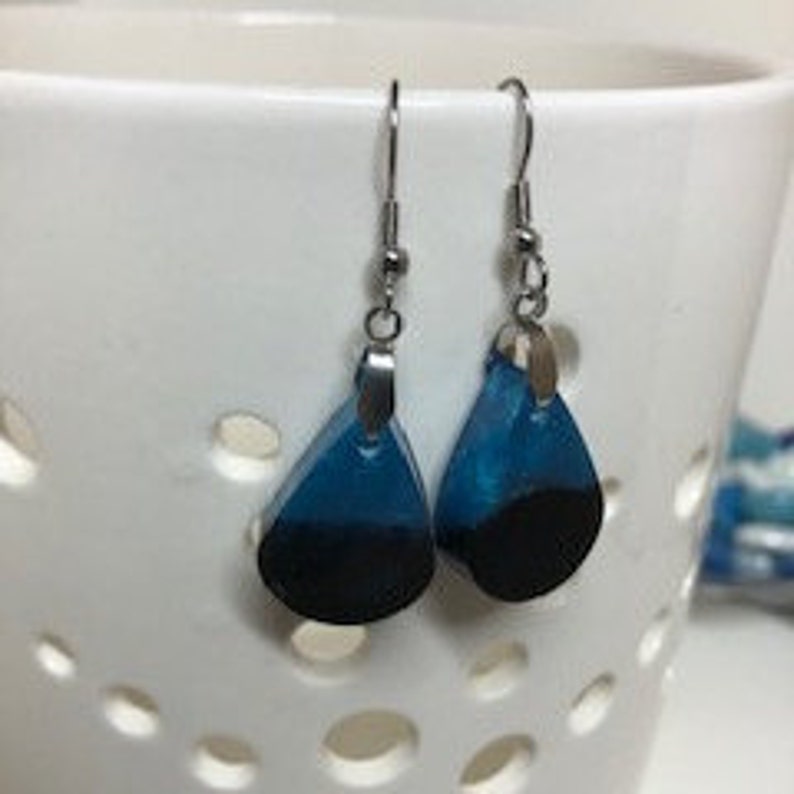 Blue and Black Small Teardrop Drop and Dangle Handmade Resin Earrings