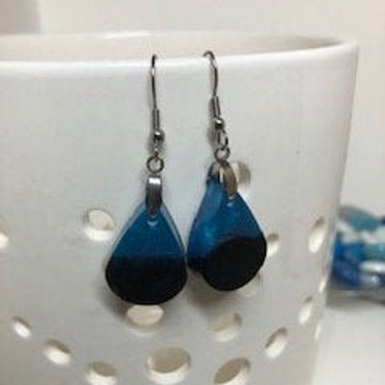Blue and Black Small Teardrop Drop and Dangle Handmade Resin Earrings