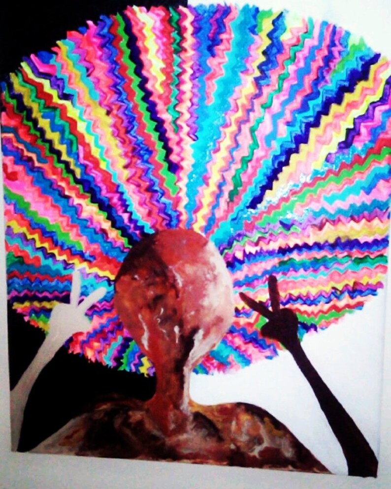 May include: Abstract painting of a person with a large, colorful afro. The background is black and white, and the person is making a peace sign with their hand.